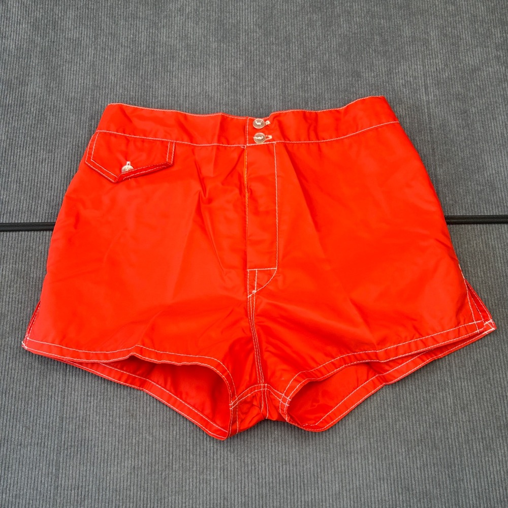 Birdwell Beach Britches Board y2k Shorts Orange Nylon Surf Trunks Sz 30 Vintage